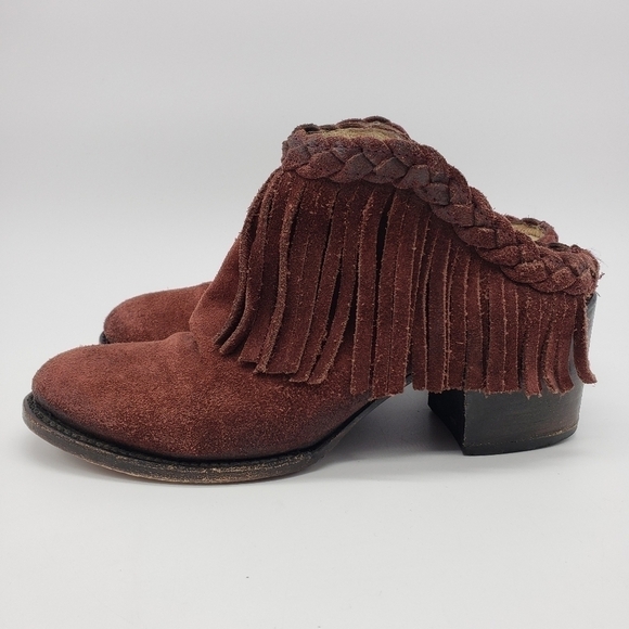 FREEBIRD women US 8 burgundy mules braid fringe suede stacked block heel leather - Picture 11 of 13